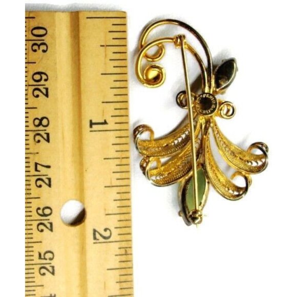 Sorrento Jade Flower Gold Plated 925 Sterling Silver Brooch - Picture 6 of 11